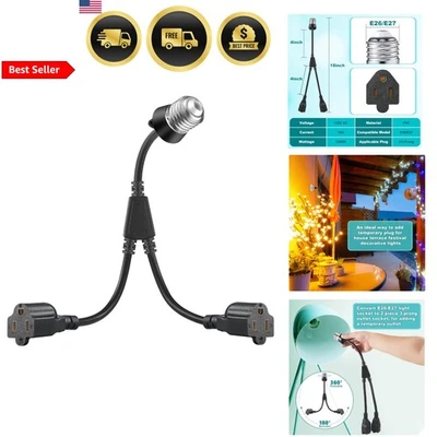 E26 E27 Light Socket Adapter Convert to 2 Outlets with Extension Cord Black - Image 1 of 4