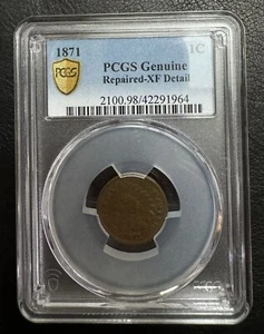 1871 indian head penny. Genuine With Details; Repaired XF Details Semi-key Date - Picture 1 of 4