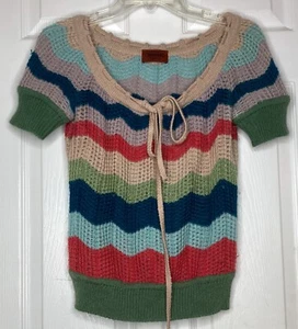 Woman MISSONI red Blue Green Striped Wool Mohair S/s Crochet Sweater Sz 38 US 2 - Picture 1 of 5