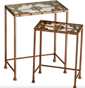 Horchow French Country  Shabby European Chic Iron Floral Glass Top End Tables - Picture 1 of 1