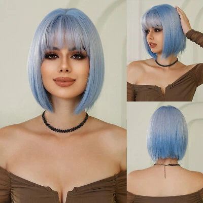 Pelucas sintéticas cortas de onda rizada con flequillo azul púrpura cosplay pelucas de pelo bob Foto 1 de 4