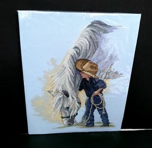 Completed Finished Cross Stitch Boy With Horse Cowboy Hat Farm Cottage Unframed - Picture 1 of 9