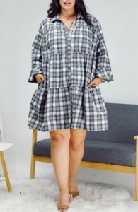 Plus Size Plaid Ruffle Boho Babydoll Swing Shirt Dress Tunic Duster Top XL 1X - Picture 1 of 6