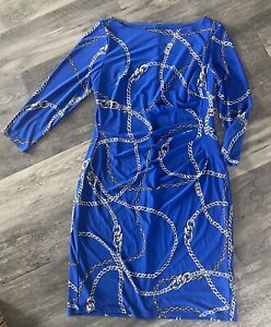 Ralph Lauren Blue Multi Chain Print Sheath Dress Midi 3/4 Sleeve  Women’s SZ 14