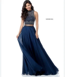 Sherri Hill Beaded 2 piece Halter Top Maxi Skirt Set Blue Size 4 Prom Formal - Picture 1 of 13