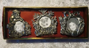 GORHAM SILVER PLATED PHOTO FRAME ORNAMENTS-3 PACK-3"-SANTA-SNOW-WREATH - Picture 1 of 4