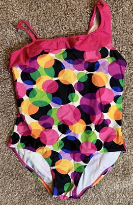 Xhilaration GIRLS Swimsuit One-piece Hot Pink Ruffle Multi-Colored Polka Dots XL - Image 1 of 4