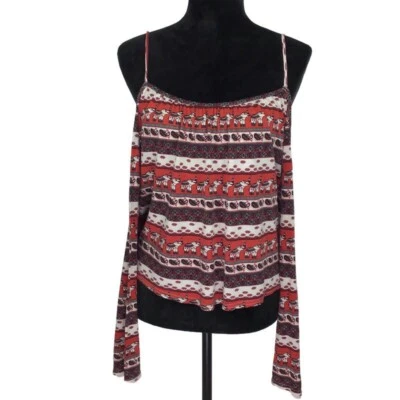 Coachella H&M Elephant Print Cold Shoulder Red Cropped Top Boho Festival Size M - Image 1 of 4