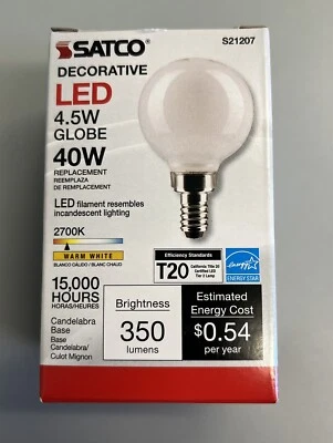 SATCO S21207 LED 4.5W 2700K G16.5 GLOBE (40W) WHITE LIGHT BULB CANDELABRA BASE - Image 1 of 3