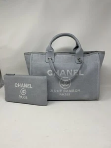 22S CHANEL Deauville Small Grey Blue mixed Fibers Tote Bag Wallet Pouch - Picture 1 of 15