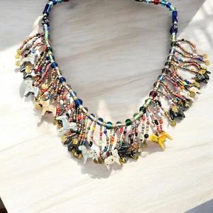 Animal Fetish Necklace Handmade Carved Wood Statement Fringe Vtg Beaded African - Picture 1 of 19