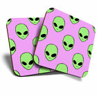 2 x Coasters - Green Alien Heads UFO Aliens Home Gift #14407