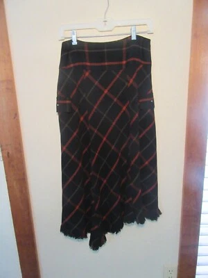 Falda larga a cuadros de lana NY vintage con bolsillos laterales, flecos talla 6 Foto 1 de 4
