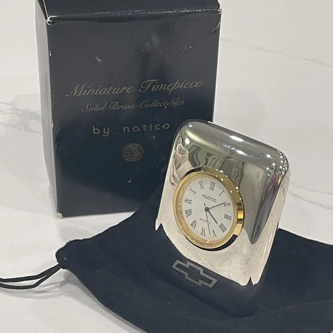 NATICO miniature clock paper weight Chevrolet chrome brass in box Cover