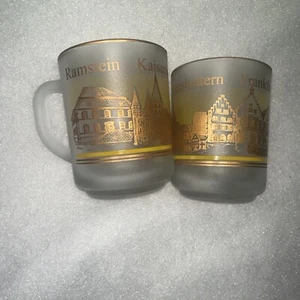 Vintage Ramstein Kaiserslauter Frankfurt Beer Glasses Mugs Set of 2 Gold - Picture 1 of 2