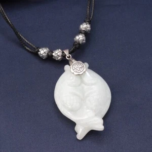 B35 Collier Con Chiare Giada Pesce Rimorchio Nero Corda 925 Argento Sterling - Foto 1 di 4