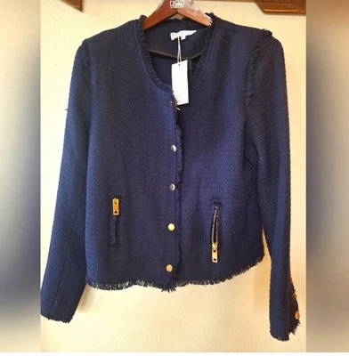 Chaqueta sin cuello One Third azul marino con flecos de tweed cremallera/a presión para mujer talla L nueva con etiquetas Foto 1 de 4