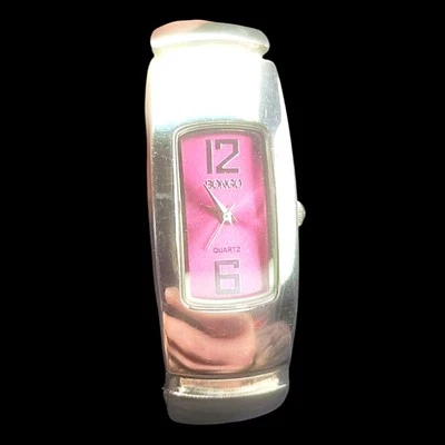 Reloj pulsera Bongo esfera rosa tono plata caja puño abierto bisagra 6" LEER D Foto 1 de 4