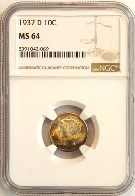 1937 Mercury Silver Dime Monster Rainbow Toning MS 64 NGC 10C US COIN - Image 1 of 4