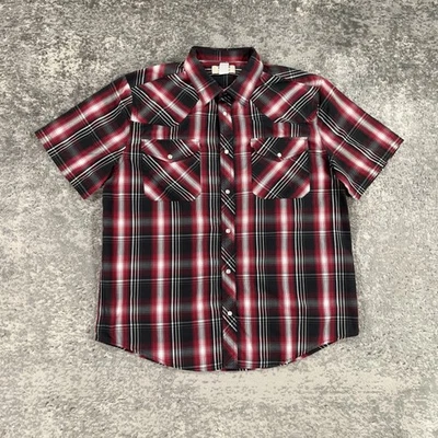 Винтажная мужская рубашка Duke Jeans XL красная черная клетчатая вестерн жемчуг застежка короткий рукав - Изображение 1 из 4