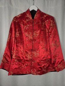 Vintage Asian Kimono Jacket Chinese Red Silk Floral & Black Reversible Women M/L - Picture 1 of 7