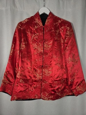 Vintage Asian Kimono Jacket Chinese Red Silk Floral & Black Reversible Women M/L - Image 1 of 4