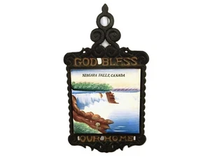 Gusseisen Untersetzer mit Keramikfliese, Niagarafälle Souvenir, "Gott segne unser Zuhause" - Bild 1 von 5