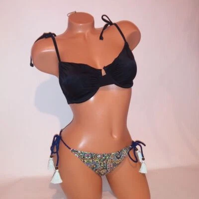 Bikini de natación Victoria Secret 34DD parte superior pequeña parte inferior negra azul cachemira corbata Foto 1 de 4