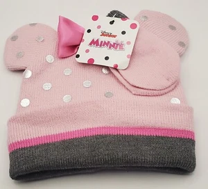 NEW Disney Junior MINNIE Hat & Mittens INFANT Size PINK Gray SILVER Winter Set - Picture 1 of 4