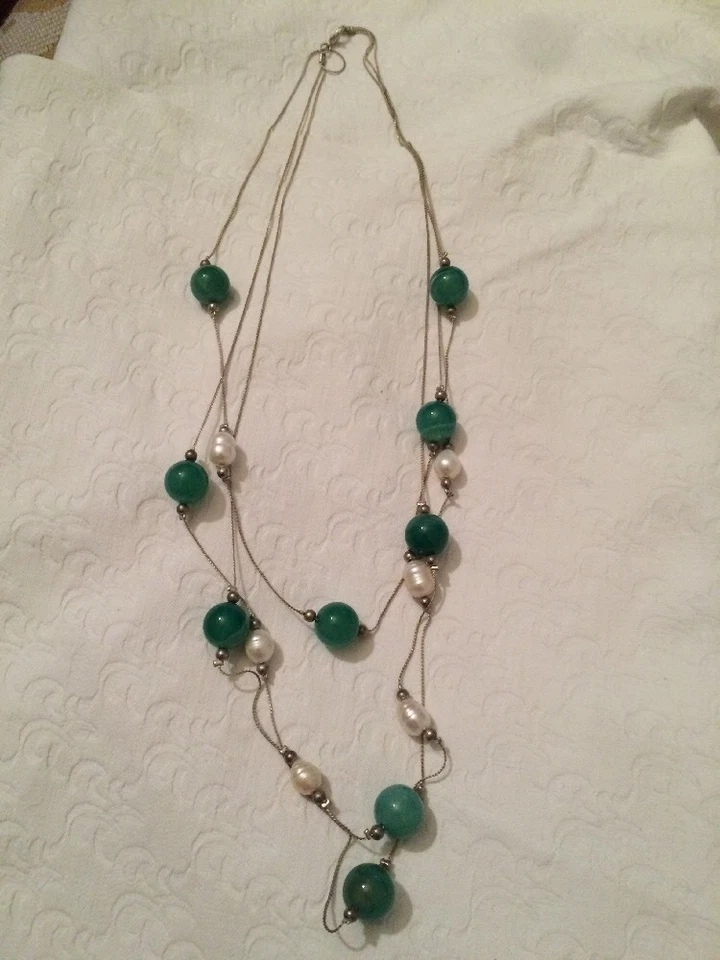 Collana Tono Argento Con Pietre Di Giada E Perle Di Fiume - Immagine 1 di 1