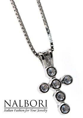 Collana croce argento 925 Collier donna uomo ciondolo piccolo cipollino zirconi - Immagine 1 di 4