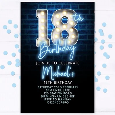 SUNSHINE PARTY UK Personalised 18th Birthday Party Invitations, Blue, Mens Boys, Any Age 30th 21st