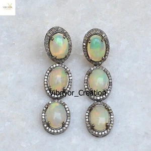 Pave Diamond Fire Opal Earrings 925 Sterling Silver Women Jewelry Birthday Gift - Bild 1 von 4