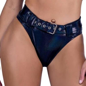 Shimmer Shorts Grommet Belt High Waisted Cheeky Back Bikini Black Rave 6544 - Picture 1 of 5