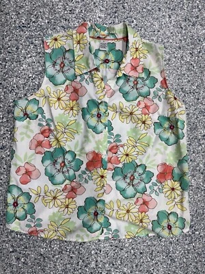 Винтажный чероки цветочный без рукавов Топ женщин XL легкий печать на пуговицах - Изображение 1 из 4