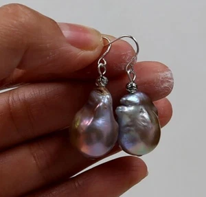 Natural Cultured Baroque Pearl Earrings 18K Gold Ear Drop Dangle P555 - Picture 1 of 6