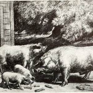 1939 Harry Wickey Hogs Near Corncrib Ohio Farm Kunstdruck Schatzkammer Sammlung - Bild 1 von 5