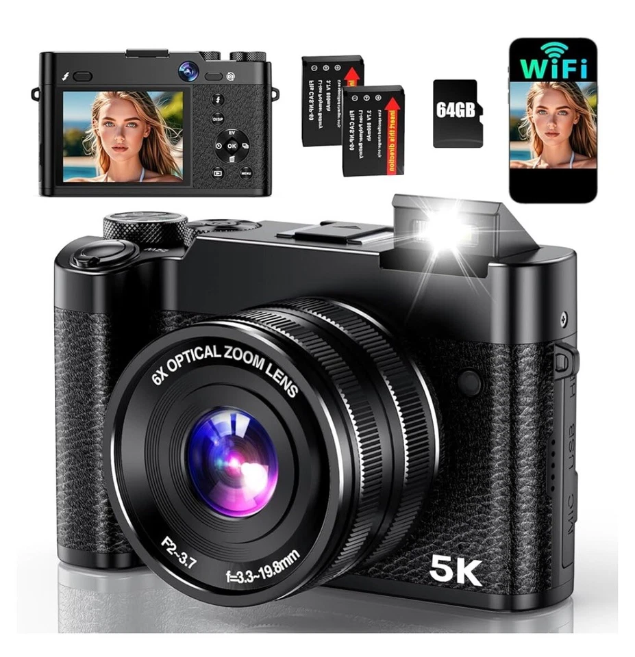 Cámara digital 5K, cámaras de 64 MP para fotografía con zoom óptico 6X y enfoque automático Foto 1 de 4