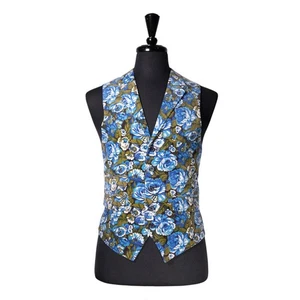Mens Velvet Vest 40R Blue Green Floral Waistcoat Boho Preppy Casual Wedding - Picture 1 of 10