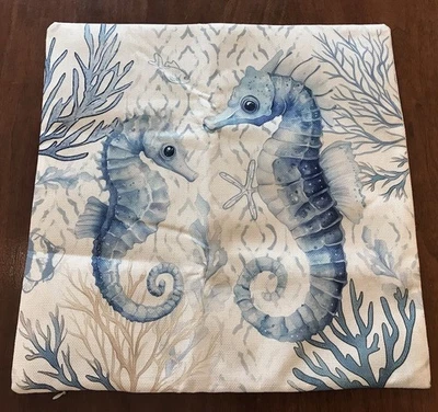 "Funda de almohada costera para el hogar azul caballitos de mar peces coral vida marina ~ 18x18"" nueva sin etiquetas" Foto 1 de 4