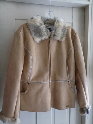 Women's LEI Coat Jacket Boho Faux Fur Suede Sherpa 1X Tan - Image 1 of 4