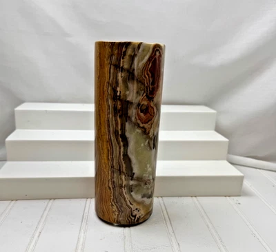 "Hermoso jarrón cilíndrico tallado marrón piedra ónix jarrón jaspeado 8"" de alto" Foto 1 de 4