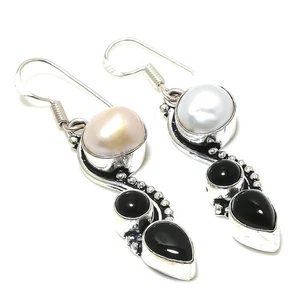 Natural Pearl,Black Onyx Gemstone 925 Sterling Silver Earring 2.13" I179 - Picture 1 of 7