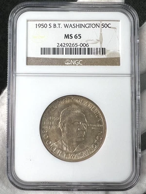 1950-S Booker T. Washington Commemorative Silver .50c Half Dollar NGC MS65 Coin - Image 1 of 4