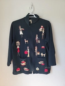 Vtg Bechamel Jacket Applique Poodle Dogs And Shopping Large Black Full Zip - Picture 1 of 11
