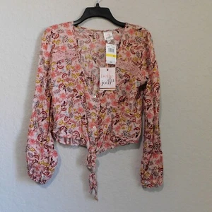 Belle Du Jour Long Sleeve Cropped Blouse Top Button/Tie Peachskin Floral - Picture 1 of 5
