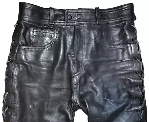 Vtg Men's Black LEATHER PANTS Lace-Up Stitching Details Motorcycle Rock Star 32 - Picture 1 of 23