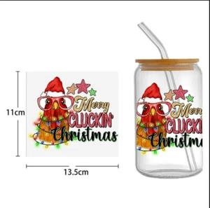 1 Piece Cup Wrap, Transfer Stickers for Glass Uv DTF Merry Cluckin Christmas - Picture 1 of 2
