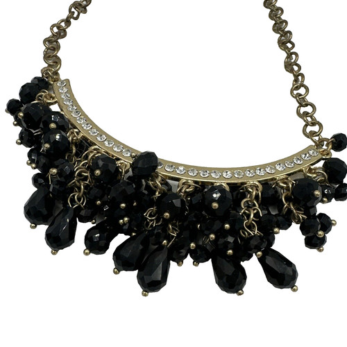 VETEMENTS Collana bavaglino nero goccia perline tono oro strass costume bigiotteria moda 20"