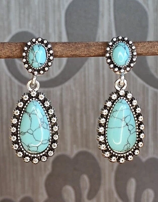 Ohrringe Mondstein Boho Pendelohrring Ohrstecker Edelstahl Silber Türkis Patina - Bild 1 von 3